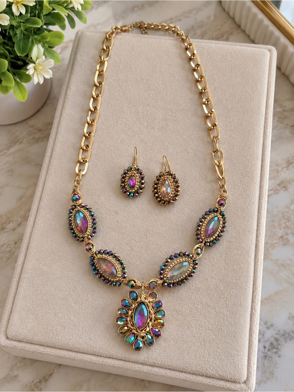 Gold Tone Iridescent Statement Necklace & Earrings Set